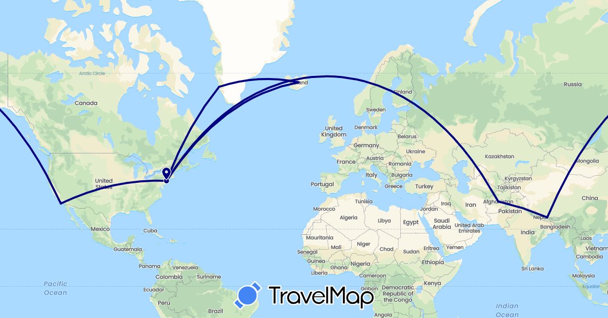 TravelMap itinerary: driving in Afghanistan, Greenland, Iceland, Nepal, United States (Asia, Europe, North America)